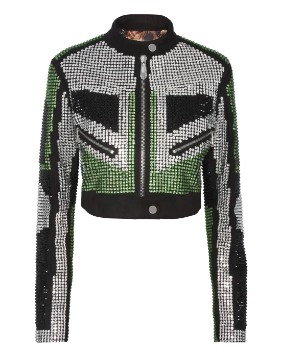 Cropped Leather Biker Jacket Strass