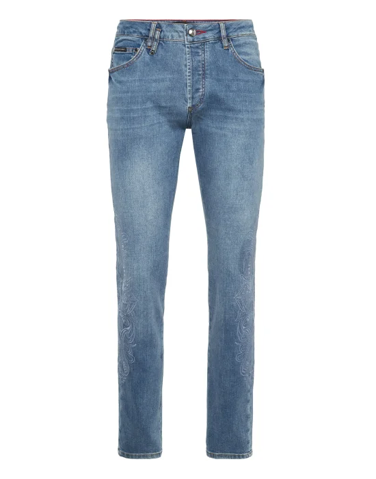 Embroidered Super Straight Cut Jeans Cross Gothic Plein