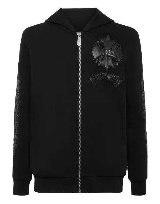 Zip Hoodie with Leather Inserts Chrome Crest