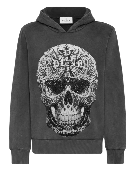 Washed Hoodie Sweatshirt Baroque Skull