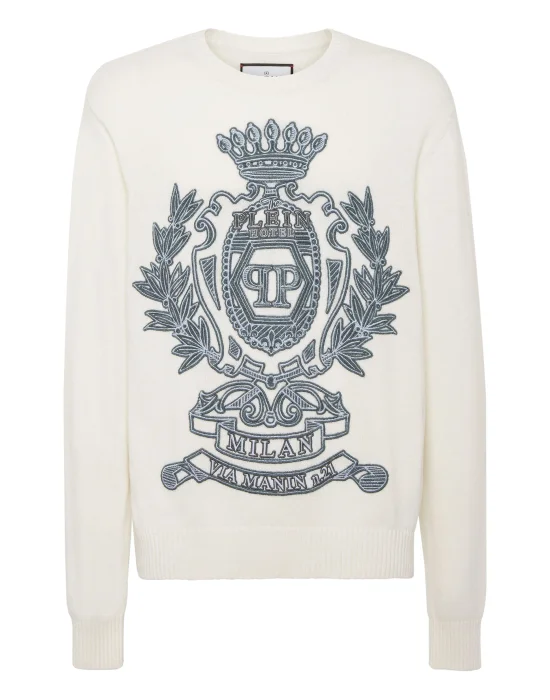 Embroidered Wool Blend Round Neck Pullover Crest