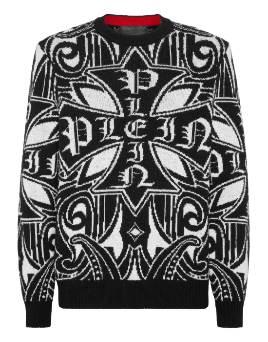Lambswool Round Neck Pullover All-Over Cross