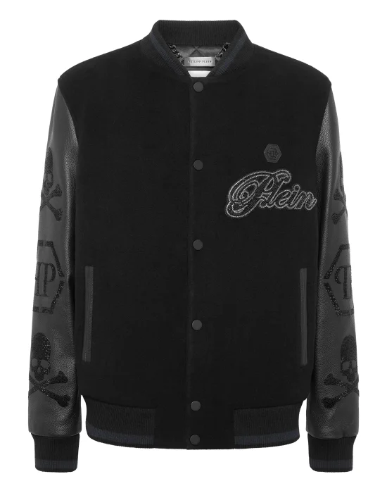 Wool & Leather Varsity Bomber Jacket Patches Stones