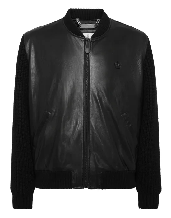 Leather Bomber with Knitted Sleeves