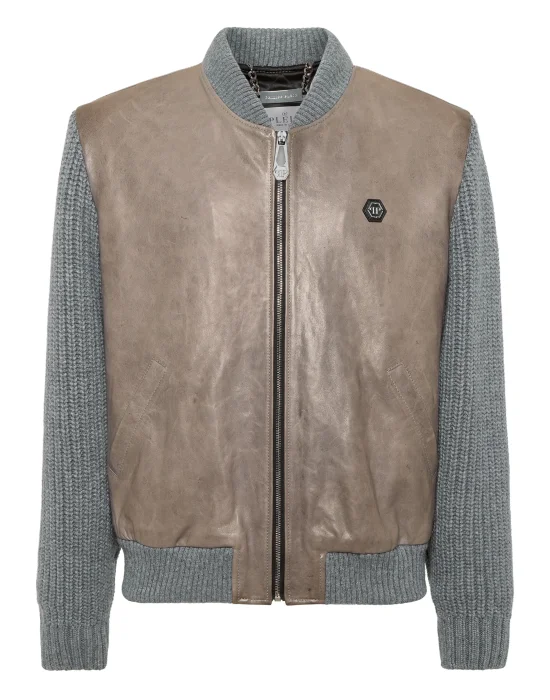 Leather Bomber with Knitted Sleeves
