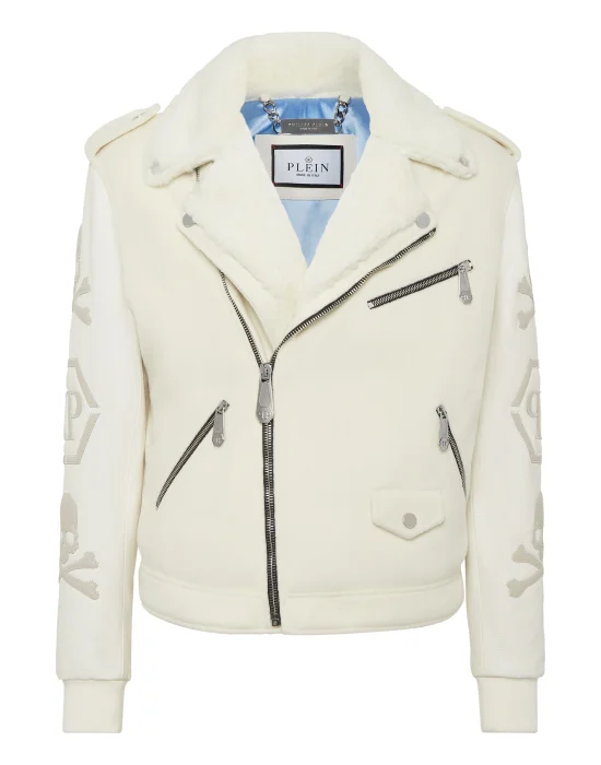 Leather and Wool Varsity Biker Jacket Skull & Bones