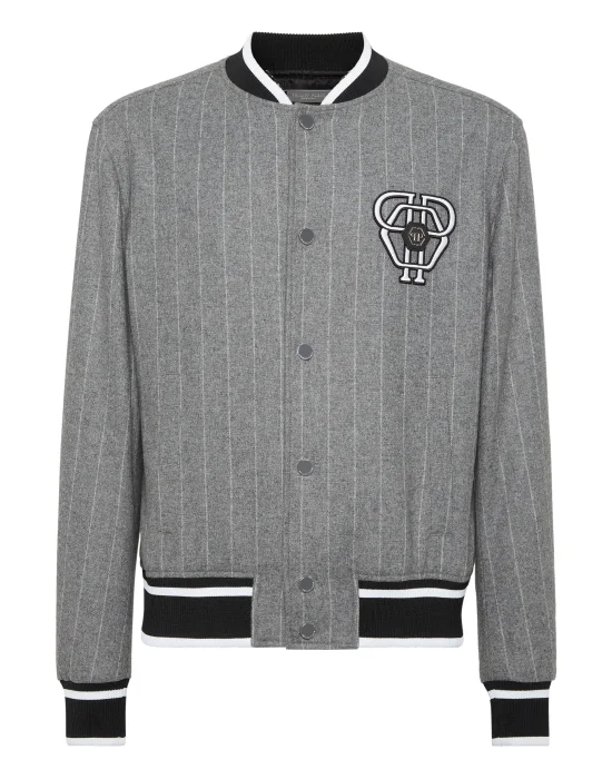 Pinstripes Wool Bomber Jacket With Leather Patch