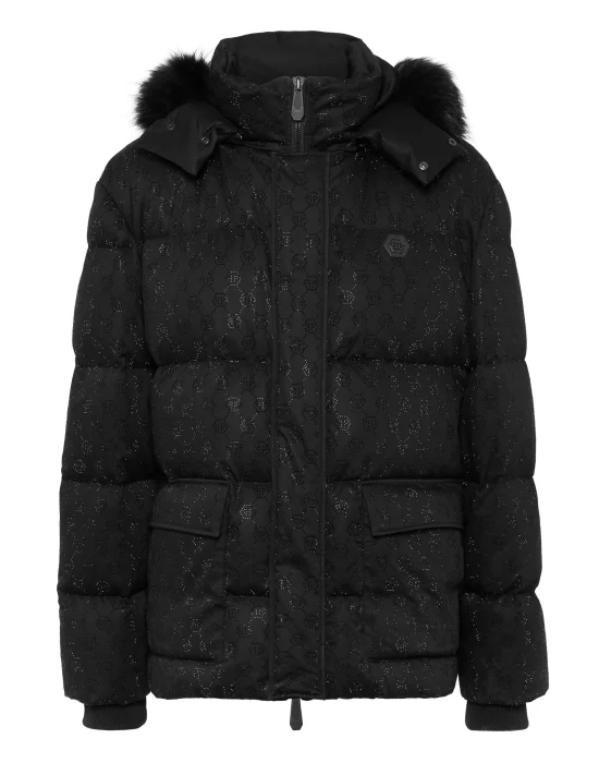 Mid Length Down Jacket with Fur Monogram Strass