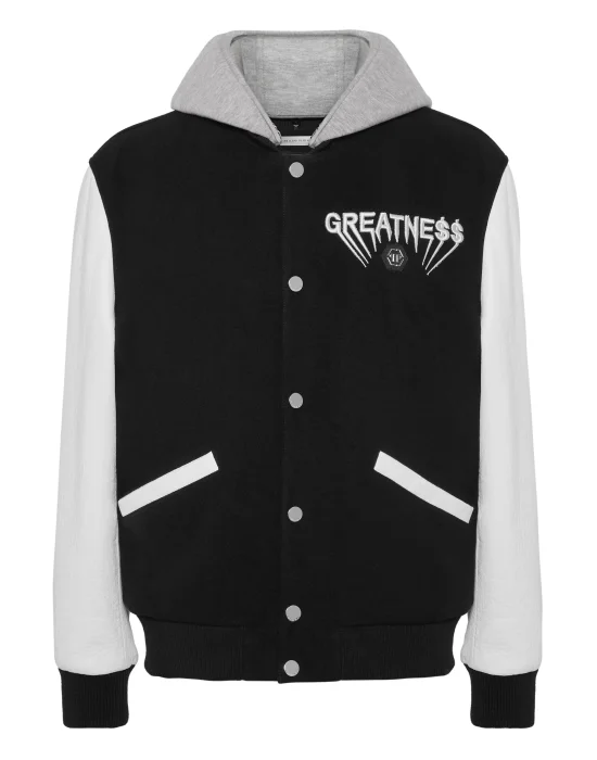 Hooded Varsity Bomber with Leather Sleeves Greatness