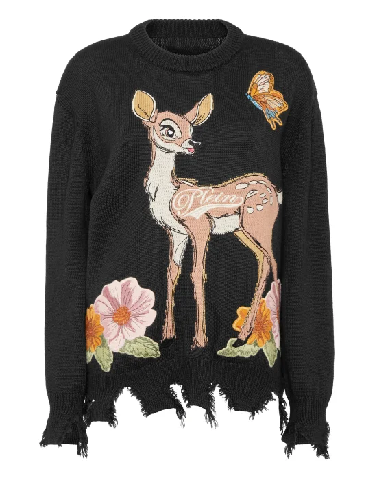 Destroyed Roundneck Pullover with Embroidery Fairy