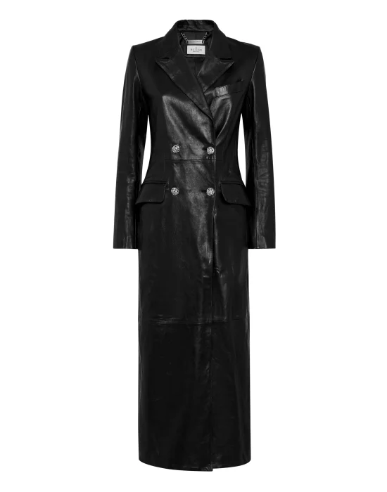 Double-Breasted Leather Long Coat Embossed Signature