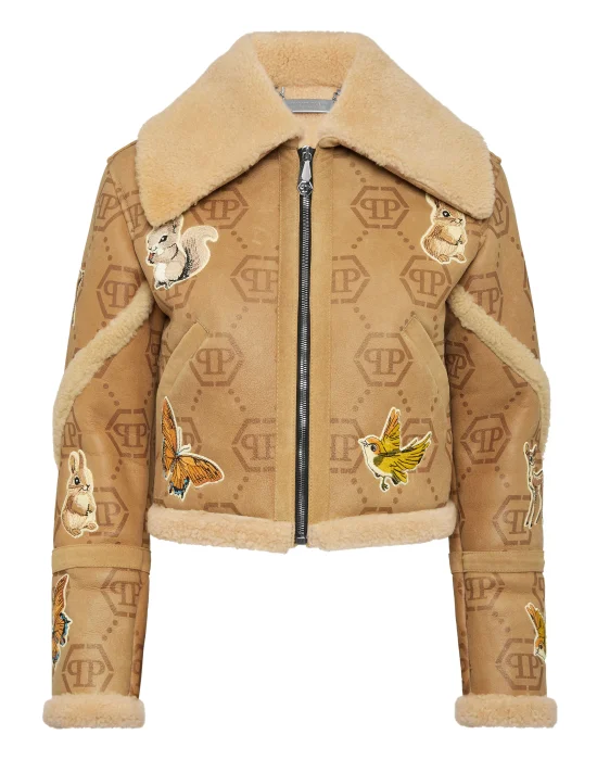 Cropped Embroidered Leather and Shearling Jacket Monogram