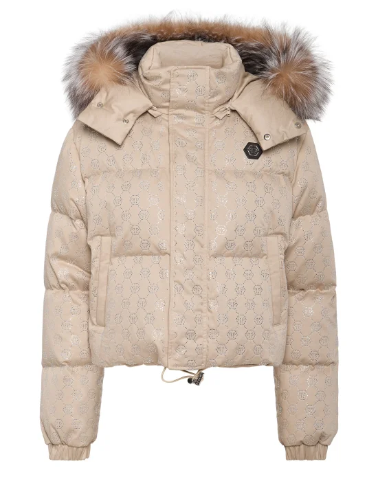 Cropped Down Jacket with Fur Collar Monogram Strass
