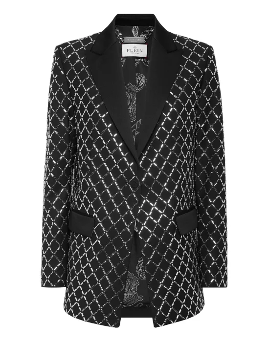 Wool and Satin Boyfriend Fit Blazer Crystal Rhombus