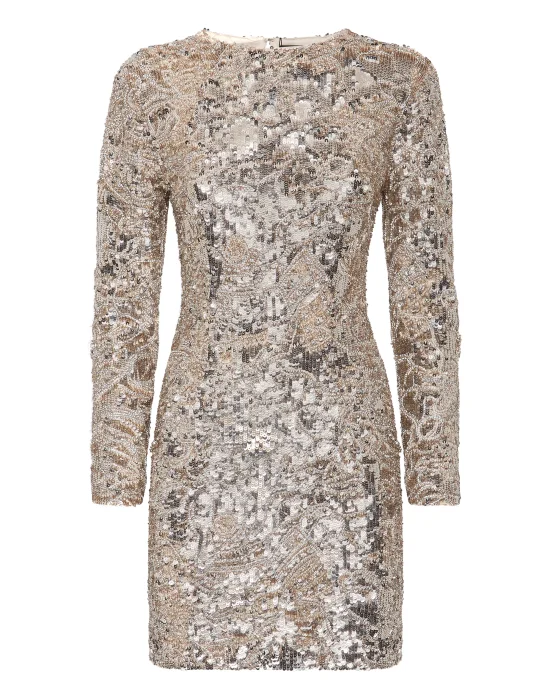 Embroidered Long-Sleeved Mini Dress Crystal Skull