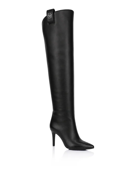 Nappa Leather Low-Heel Overknee Boots Hexagon