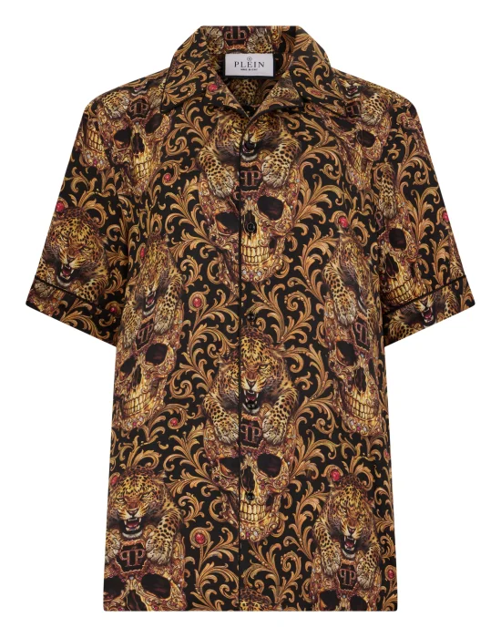 Silk Bowling Shirt All-Over Leopard Skull