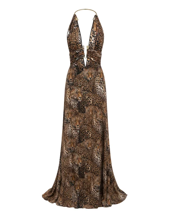 Open Back Piercing Long Dress All-Over Leopard