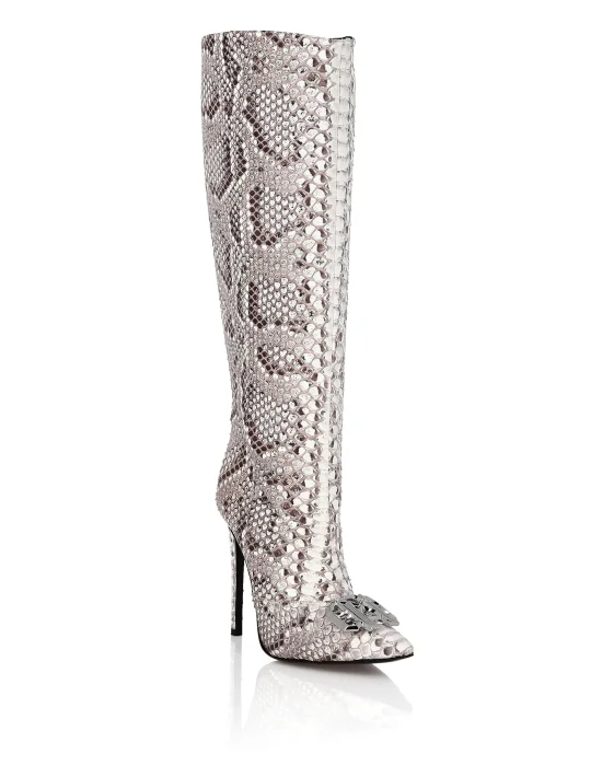 Python Leather Mid Plein Heels High  Boots Gothic Plein
