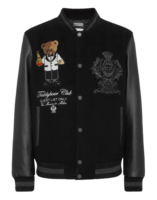 Wool & Leather Varsity Bomber Jacket Teddy Stones