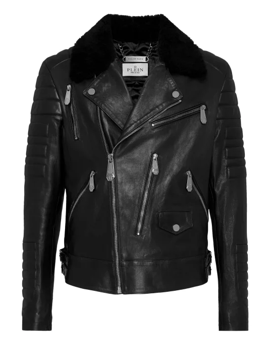 Leather Biker Jacket with Shearling Collar