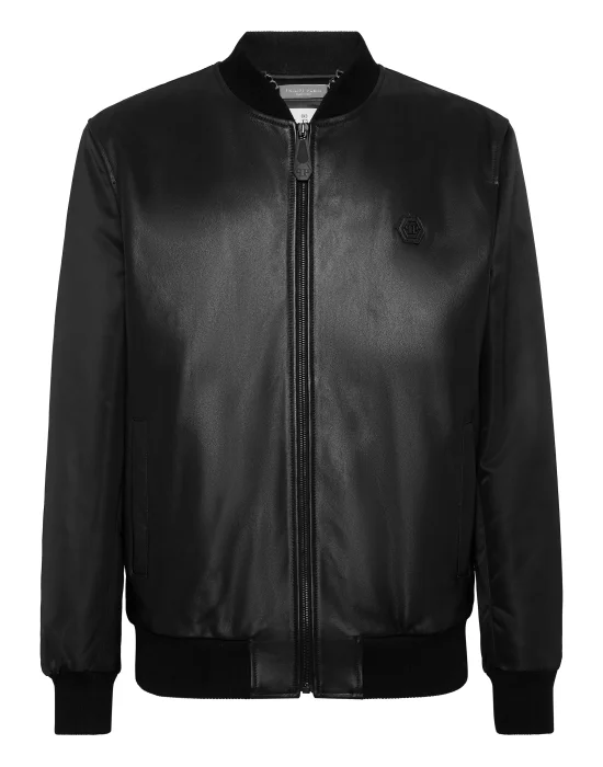 Leather Bomber with Nylon Sleeves