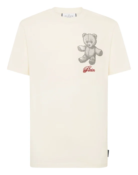 Embroidered Round Neck T-Shirt Strass Teddy Bear
