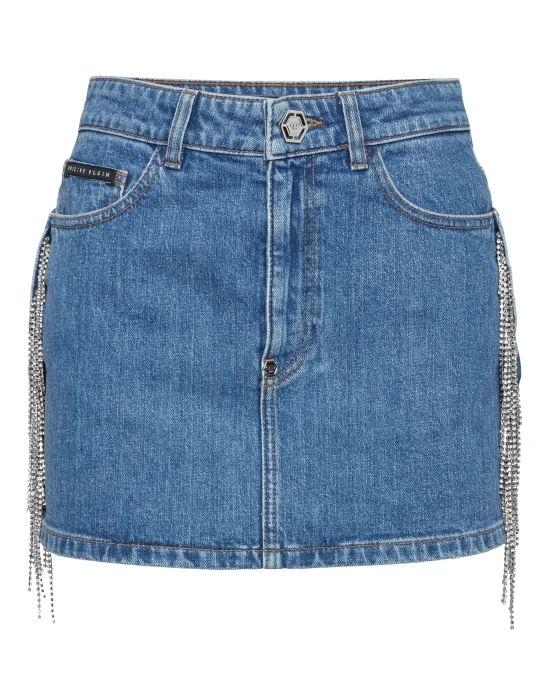Denim Mini Skirt Crystal Fringes