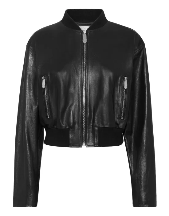 Cropped Leather Bomber Embossed Signature