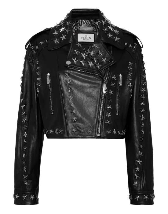 Leather Biker Jacket Star Studs