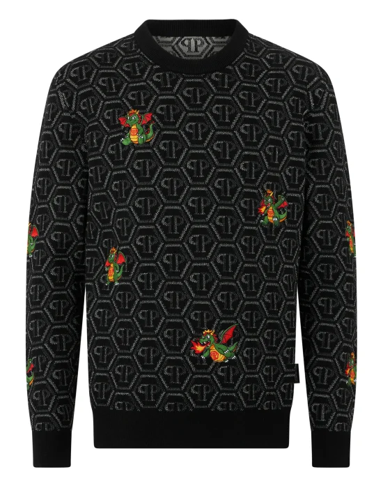 Wool Round Neck Pullover Monogram Dragons