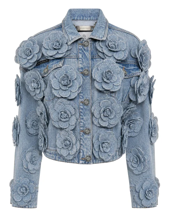 Cropped Denim Jacket All-Over Roses