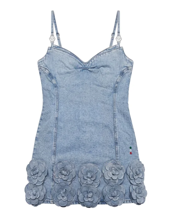 Denim Mini Dress Roses Strass