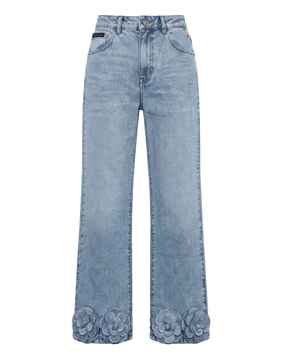 Straight Cut Jeans Roses Strass