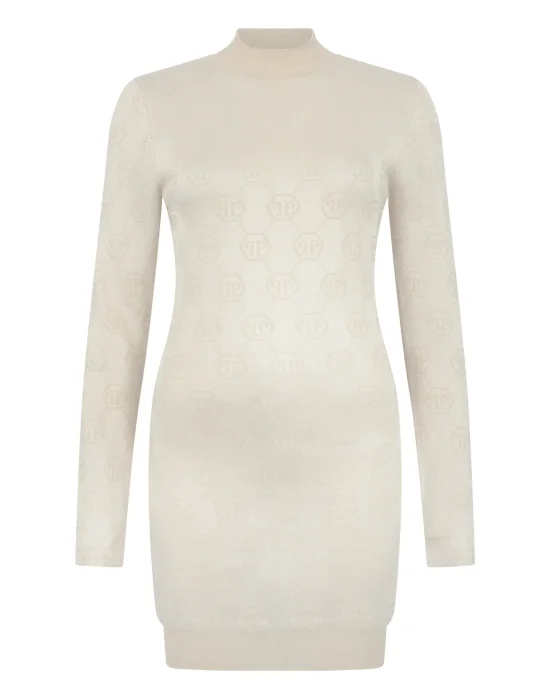 Merino Wool Turtle Neck Mini Dress Jacquard Monogram