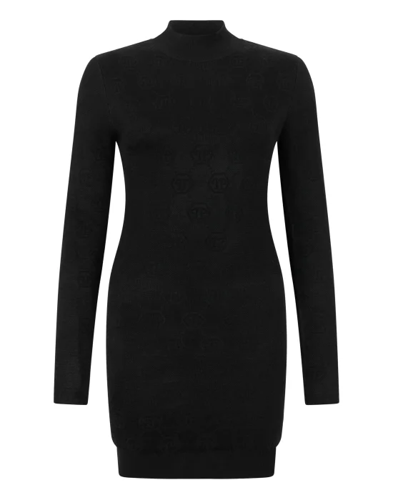 Merino Wool Turtle Neck Mini Dress Jacquard Monogram