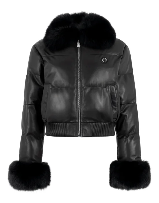 Leather Down Jacket With Fur Collar