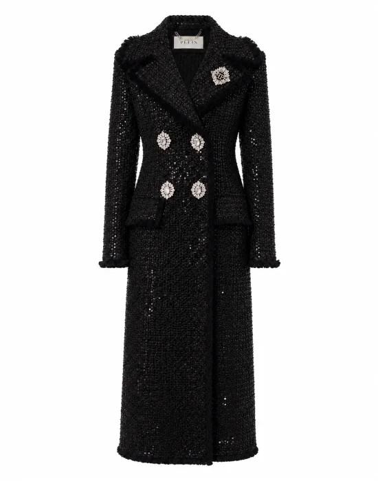 Tweed Long Coat Paillettes