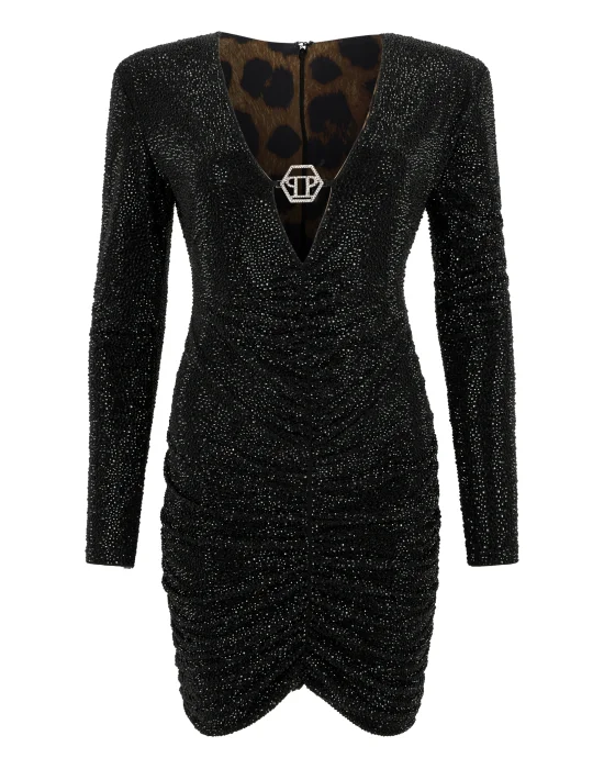 Long Sleeve Mini Dress All-Over Strass