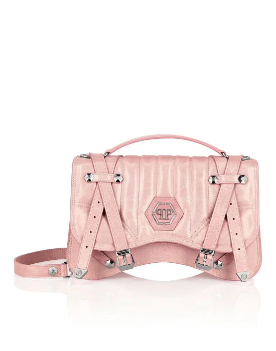 Shiny Crackle Leather Belt Handle Bag Big Hexagon