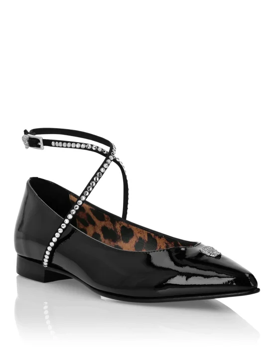 Patent Leather Ballet Flats With Cross Straps Strass