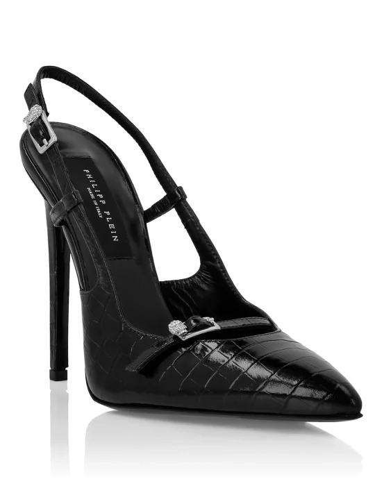 Slingback High Heels Crocco Print Buckle Skull