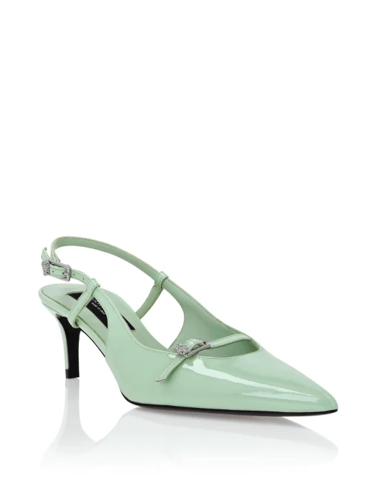 Patent Slingback Low Heels Buckle Skull