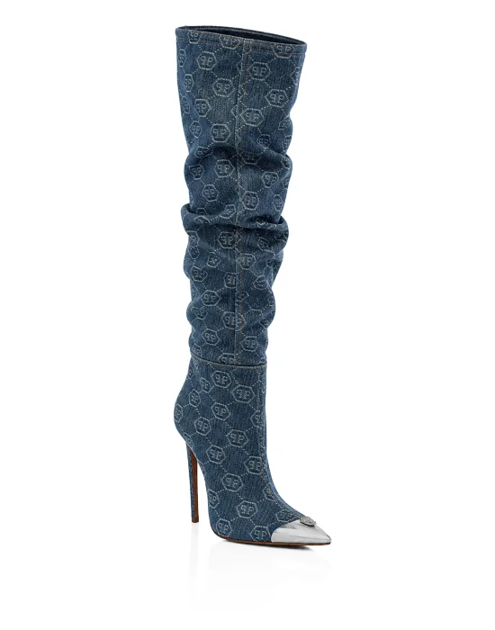Denim Boots Hi-Heels Overknees Jacquard