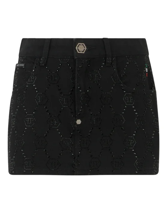 Denim Mini Skirt Monogram Strass
