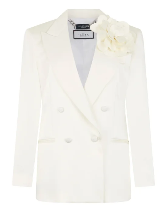Double-Breasted Satin Blazer Roses