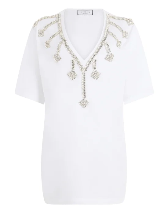 V-Neck T-Shirt Dress Crystal Fringes