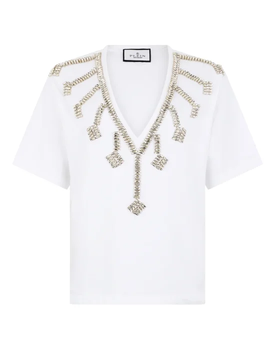 V-Neck T-Shirt Crystal Fringes