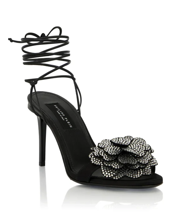 Lace-Up High Heels Sandals Strass Flower 9