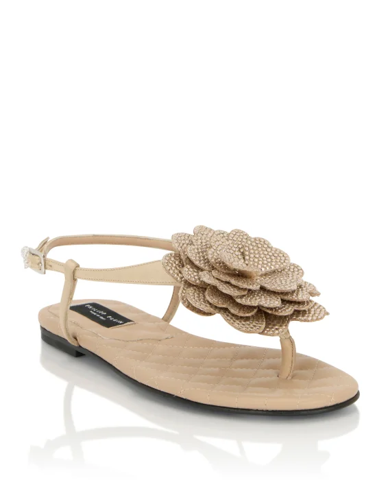 Satin Flat Sandals Strass Flower